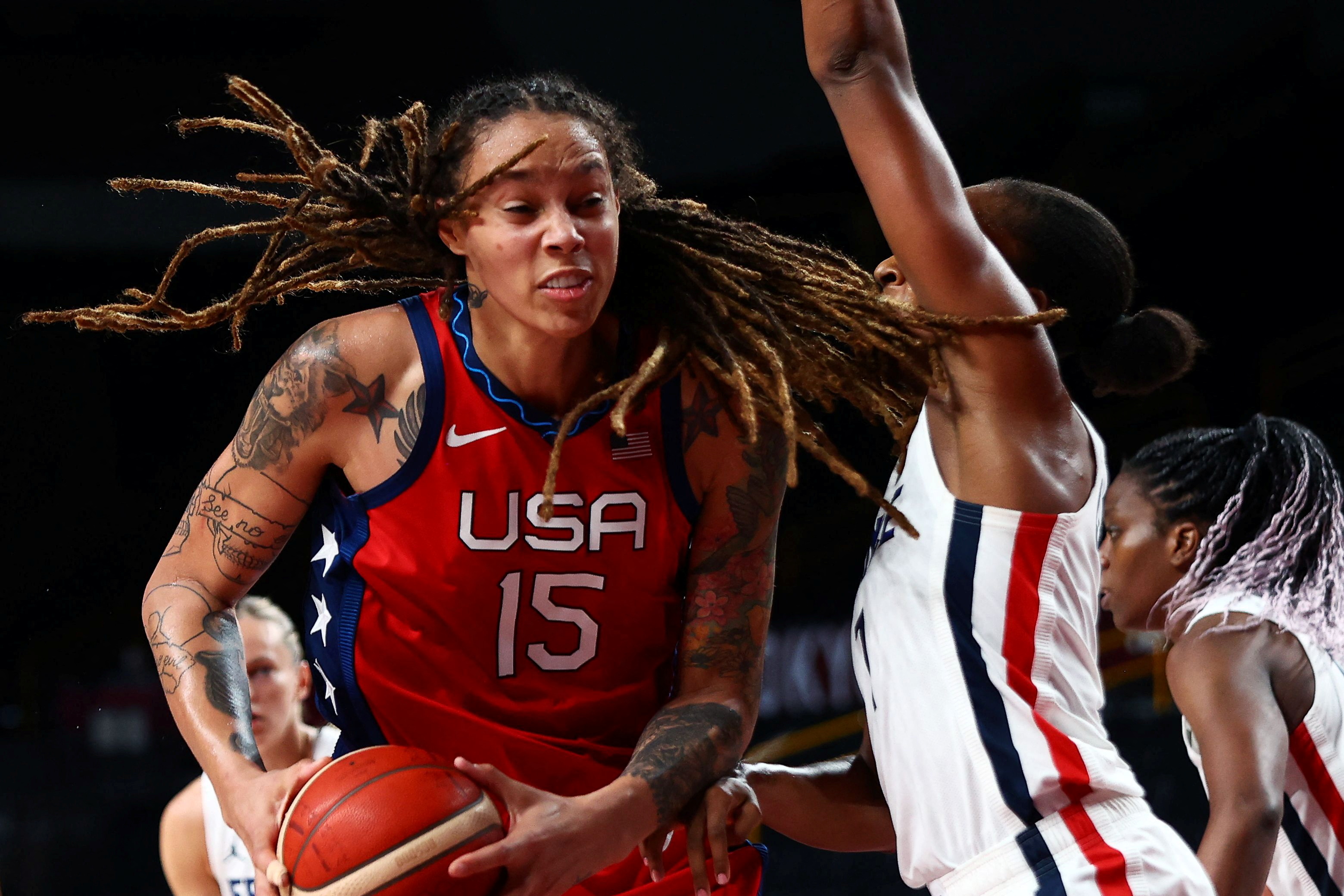 FILE PHOTO: Brittney Griner of the United States in action with Sandrine Gr...