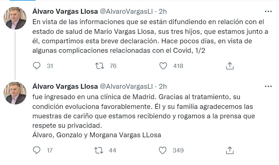 マリオ・バルガス・リョサは、COVID-19によりマドリードに入院した後、「好意的に進化」します - Infobae