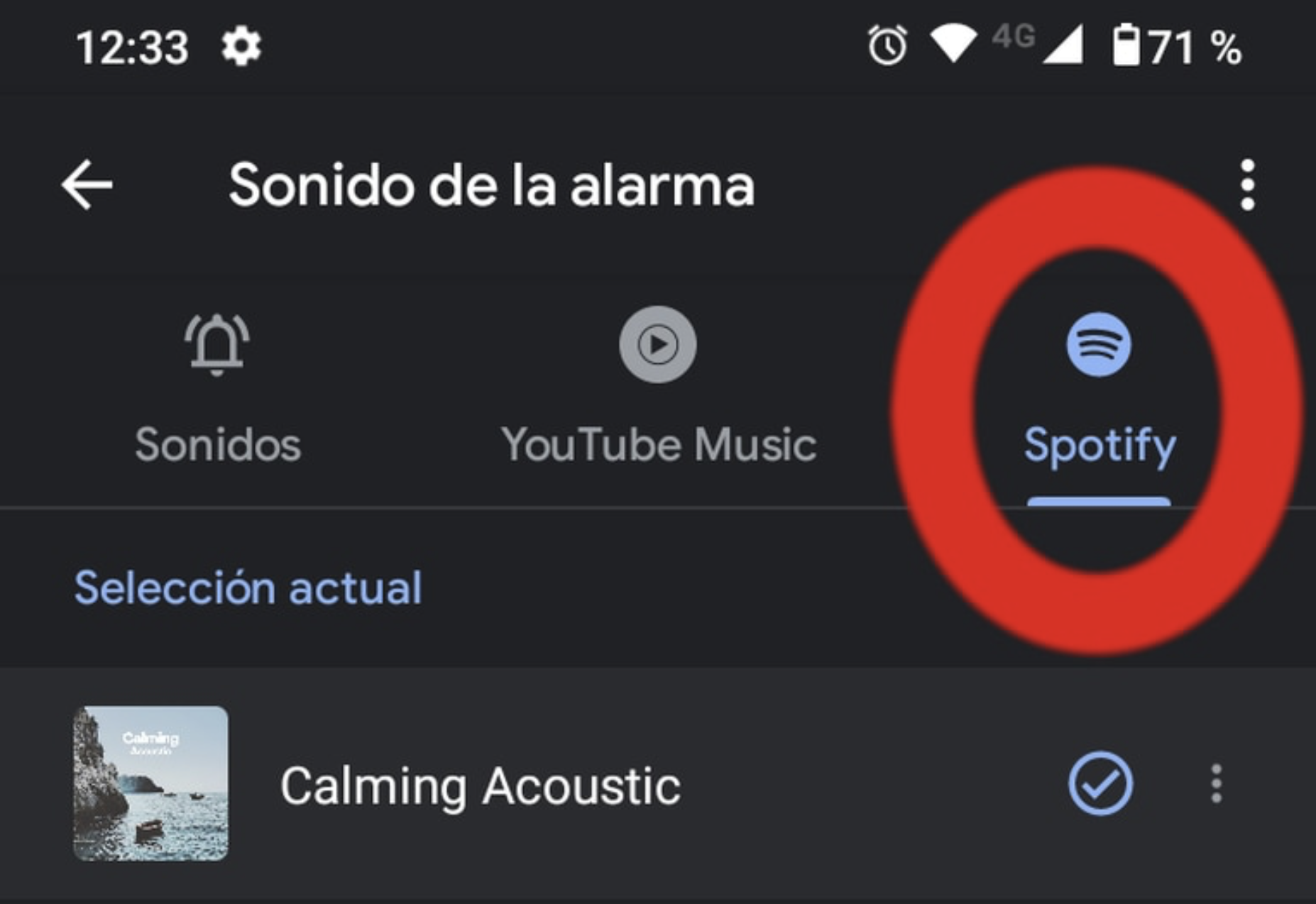Canción de Spotify como despertador en Android. (foto: TN)