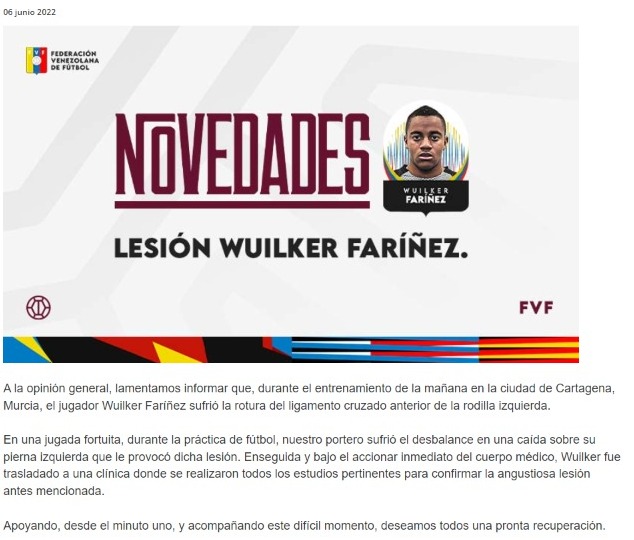 Wuilker Faríñez sufrió una lesión de ligamento cruzado. Tomado de FVF