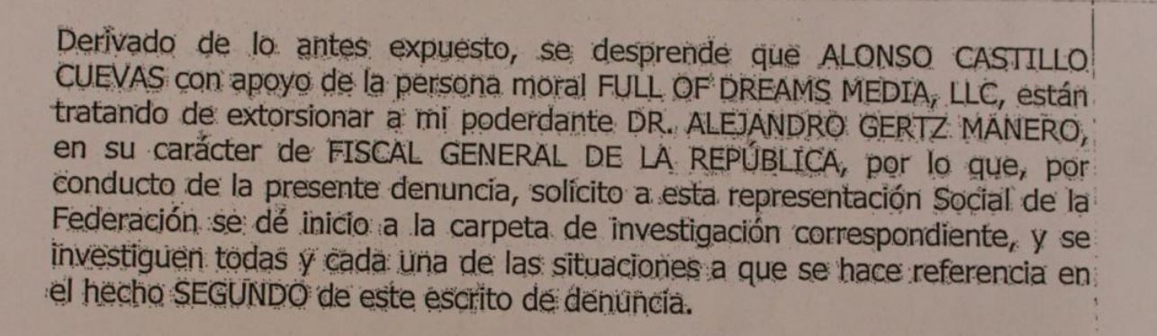 Parte de la denuncia de Gertz Manero en contra de Alonso Castillo, hijo de Alejandra Cuevas (Captura de pantalla)
