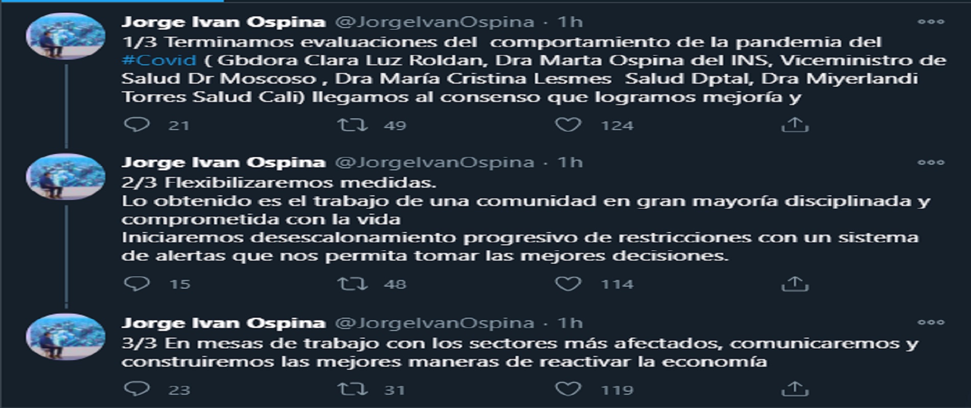 Jorge Iván Ospina, alcalde de Cali, anunció medidas para flexibilizar la cuarentena en la ciudad.
Twitter: @JorgeIvanOspina