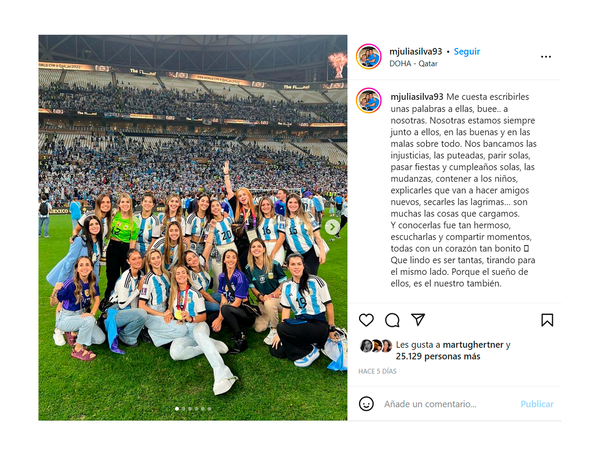 El posteo de Julia Silva, la mujer del Huevo Acuña, en agradecimiento a las parejas de los futbolistas del seleccionado argentino por el apoyo durante el Mundial de Qatar (Instagram)