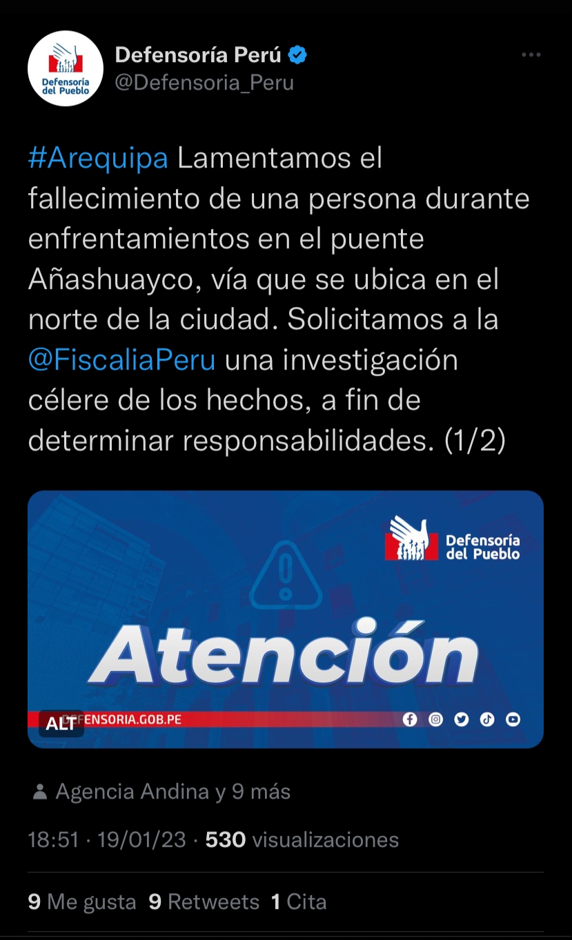 Defensoría del Pueblo confirma de un muerto en Arequipa
