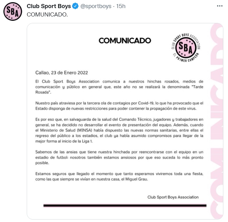 Comunicado de Sport Boys sobre la cancelación de la 'Tarde Rosada'.