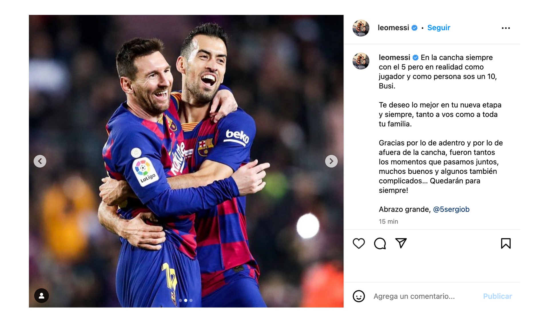 El posteo que Messi le dedicó a Sergio Busquets tras el anuncio de su retiro del Barcelona 