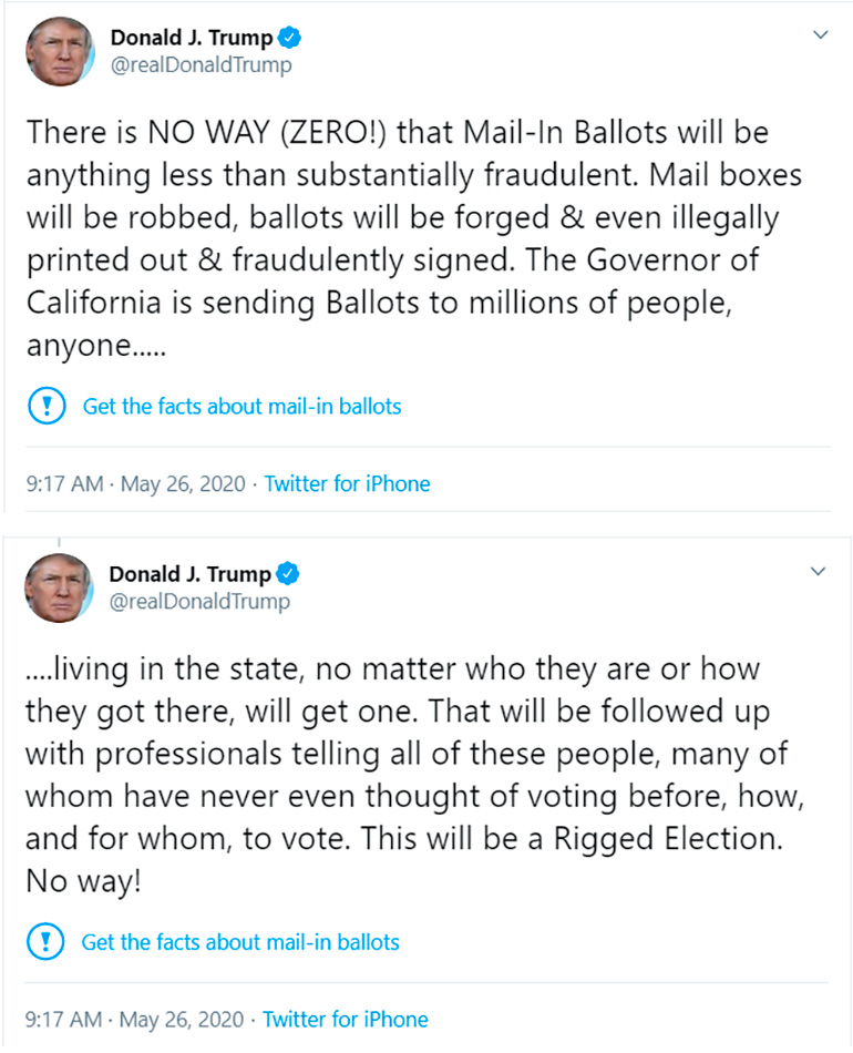 "Obtenga los datos sobre el voto por correo", marcó Twitter en los dos comentarios de Trump