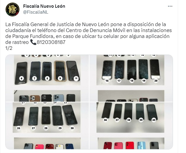La Fiscalía de Nuevo León compartió fotos de los celulares robados en el primer día del Festival Pal´Norte 2023 (@FiscaliaNL)