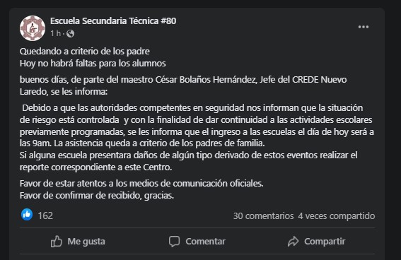 La entrada a las clases para este 7 de diciembre en Nuevo Laredo será a partir de las 9:00 horas (Foto: Facebook / Escuela-Secundaria-Técnica-80)