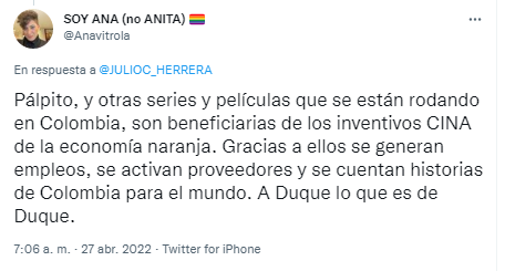 Trino de la productora Ana Piñeres en respuesta a la crítica de Julio César Herrera al presidente Iván Duque.
FOTO: Captura de pantalla de Twitter (@Anavitrola)
