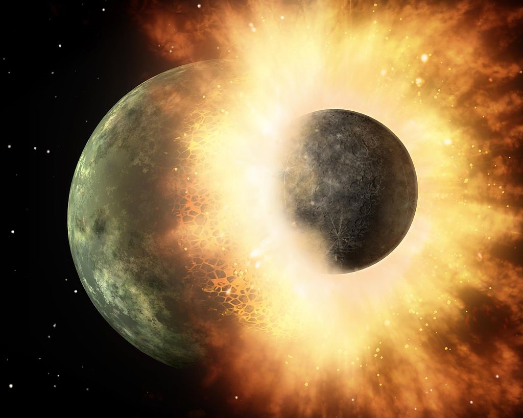 Grandes zonas del manto terrestre se atribuyen al impactador Theia, el objeto que chocó contra nuestro planeta hace 4.500 millones de años y dió lugar a la Luna, perduran en capas de roca en lo profundo del manto terrestre. (NASA/JPL-CALTECH) 