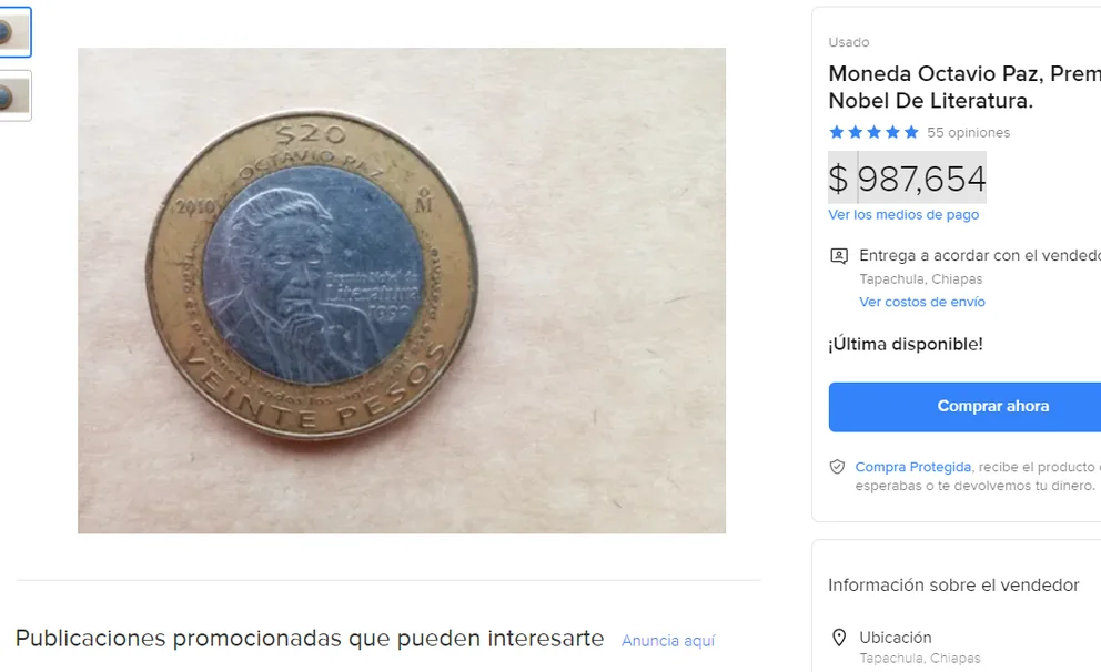 Moneda Octavio Paz Premio Nobel. (Foto: Mercado Libre)