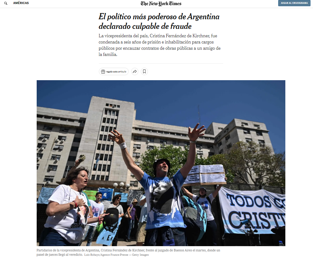 La nota de The New York Times sobre la condena de Cristina Fernández de Kirchner