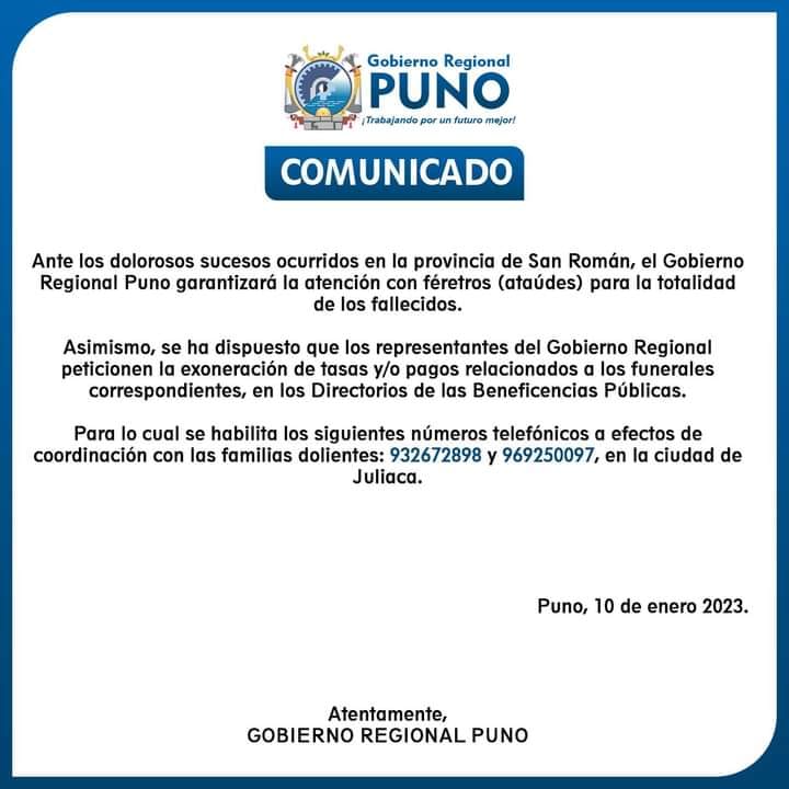 Comunicado Gobierno regional de Puno sobre víctimas de manifestaciones