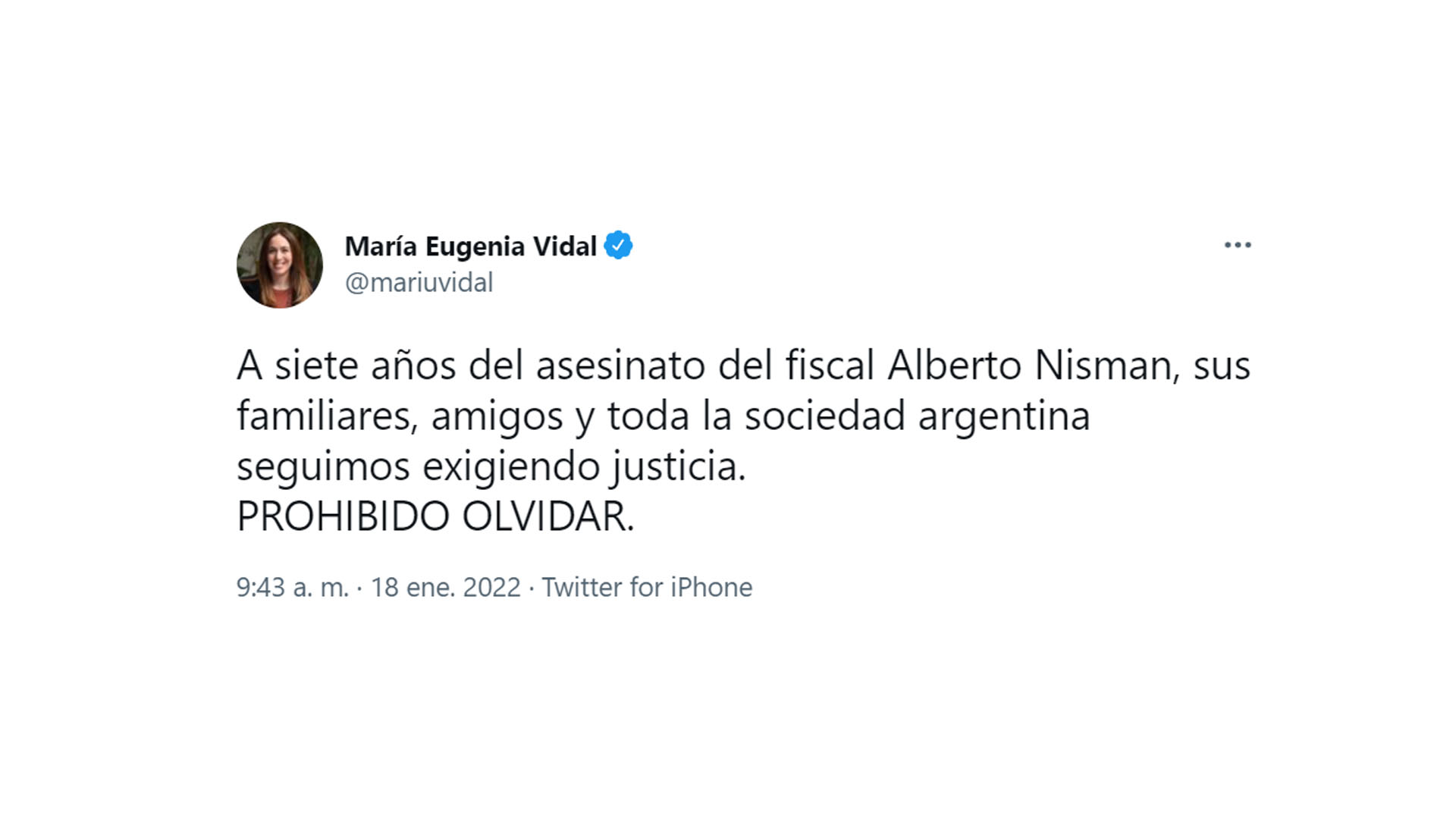 Tuit de la diputada de Juntos por el Cambio, María Eugenia Vidal