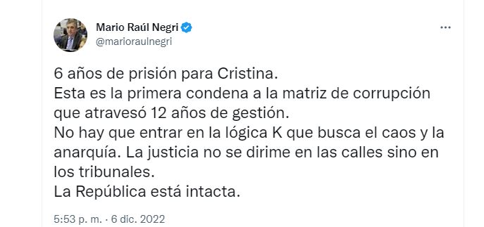Las declaraciones de Mario Negri sobre la condena a Cristina Kirchner