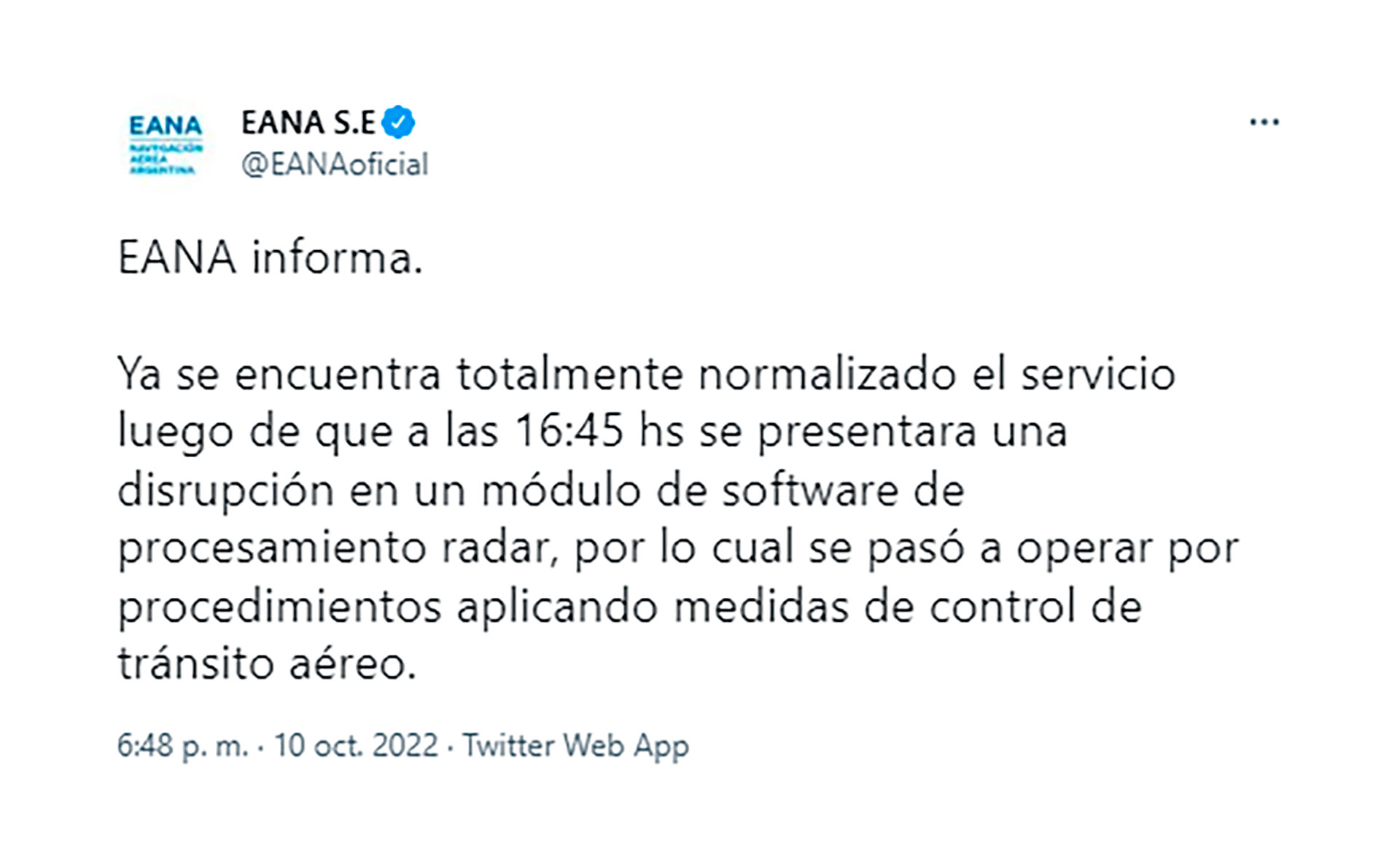Desde EANA informaron que el servicio se encuentra totalmente normalizado