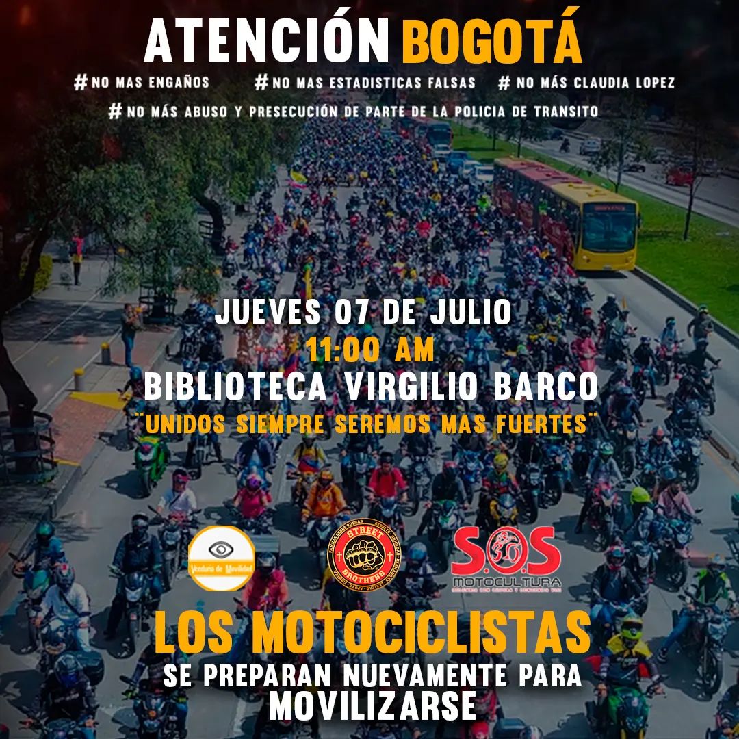Moteros en Bogotá harán plan tortuga desde las 11 de la mañana en la biblioteca Virgilio Barco por prohibición de parrillero hombre en la ciudad / FOTO: SOS Cultura Moto