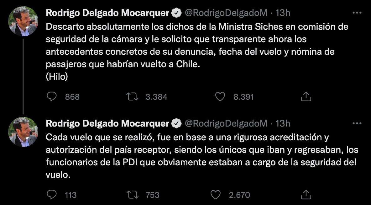Twitter del ex ministro del Interior de Sebastián Piñera, Rodrigo Delgado, ante los dichos de la actual jefa de la cartera Izkia Siches