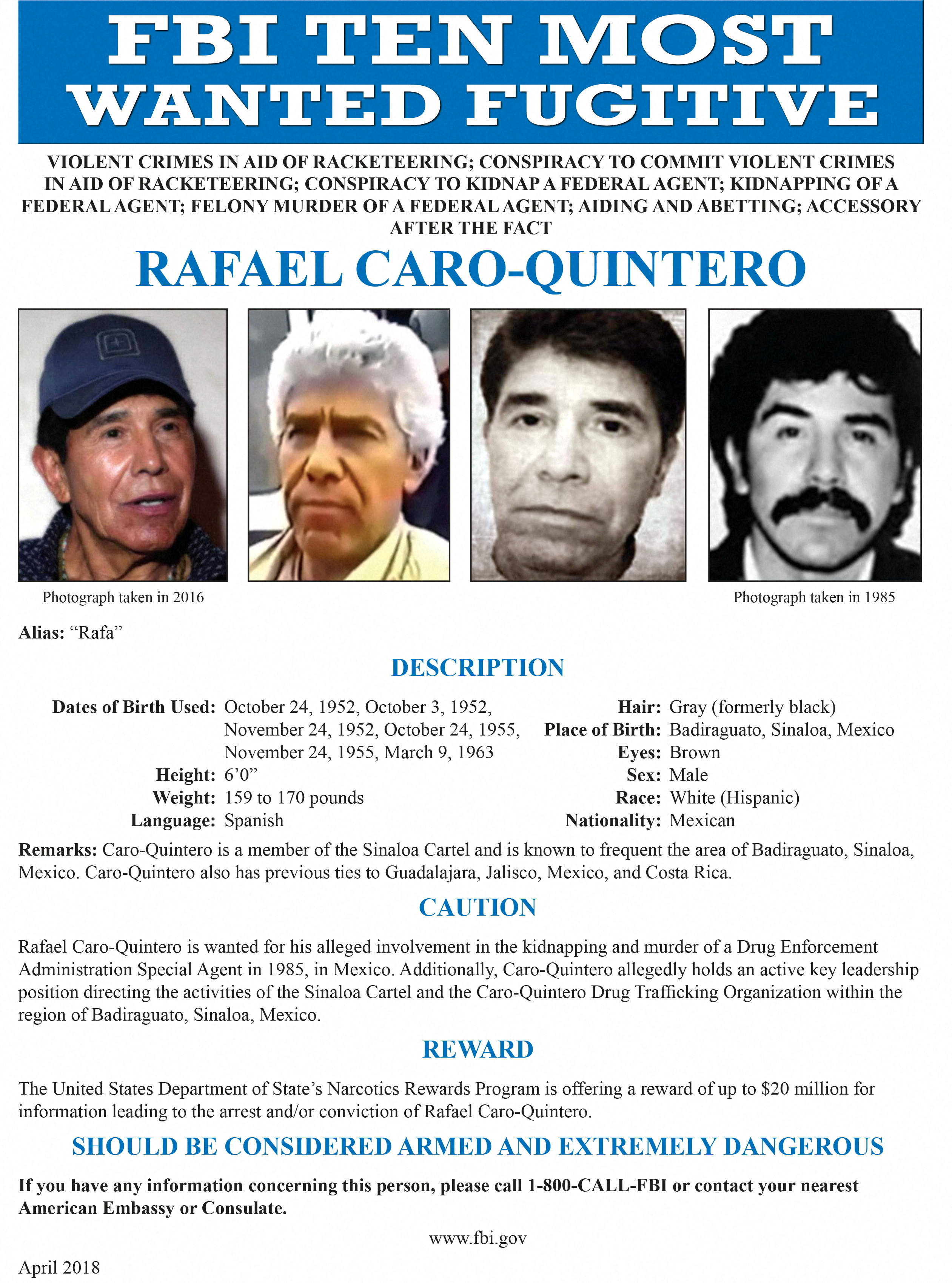 Caro Quintero era buscado por EEUU desde que en 2013 fue liberado de una cárcel mexicana por un aparente error judicial. (Foto: FBI - Federal Bureau of Investigation/ Handout via REUTERS)