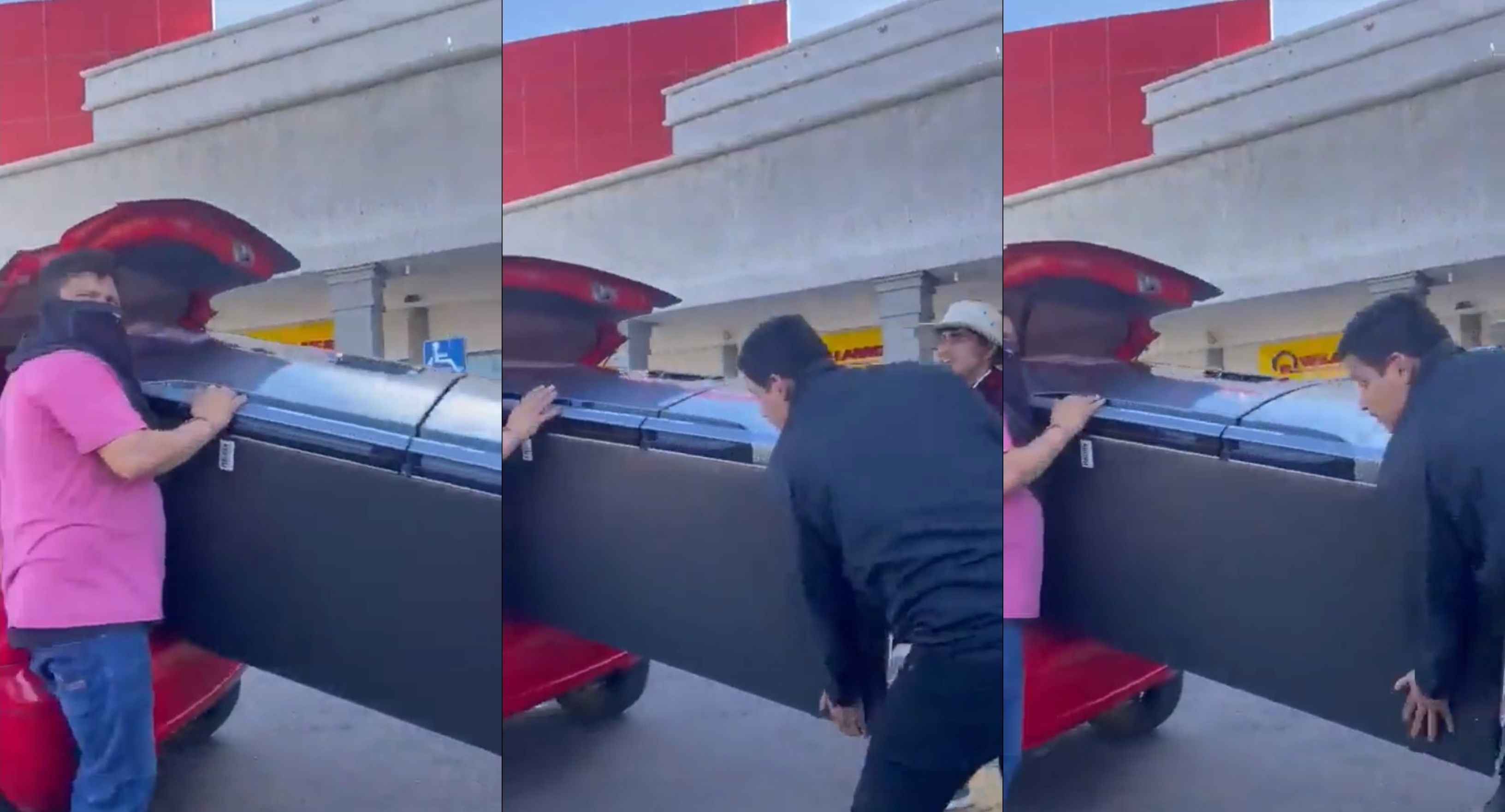 A video circulated on social networks in which men can be seen trying to steal a refrigerator in a tiny car (Screenshot)