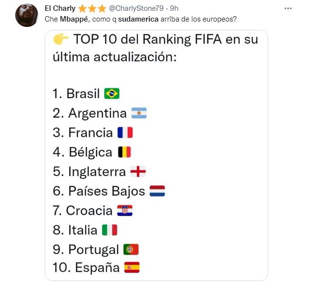 "¿Cómo que Sudamérica arriba de europeos?", se preguntó otro con ironía, mientras muestra el ranking FIFA