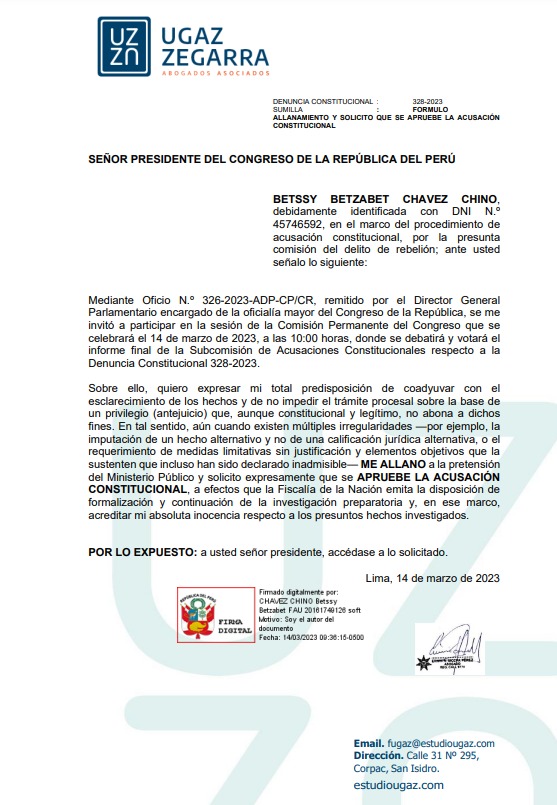 Documento enviado por Betssy Chávez al presidente del Congreso, José Williams.