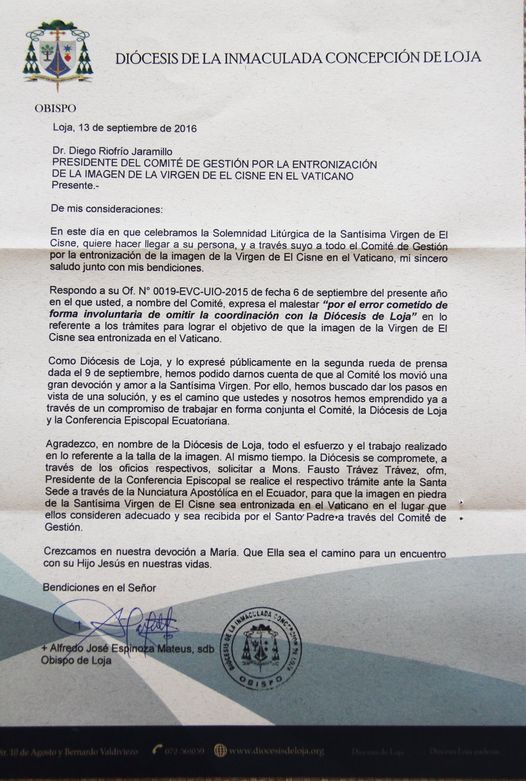 Comunicación entregada por el obispo de Loja a Diego Riofrío Jaramillo sobre la entronización.