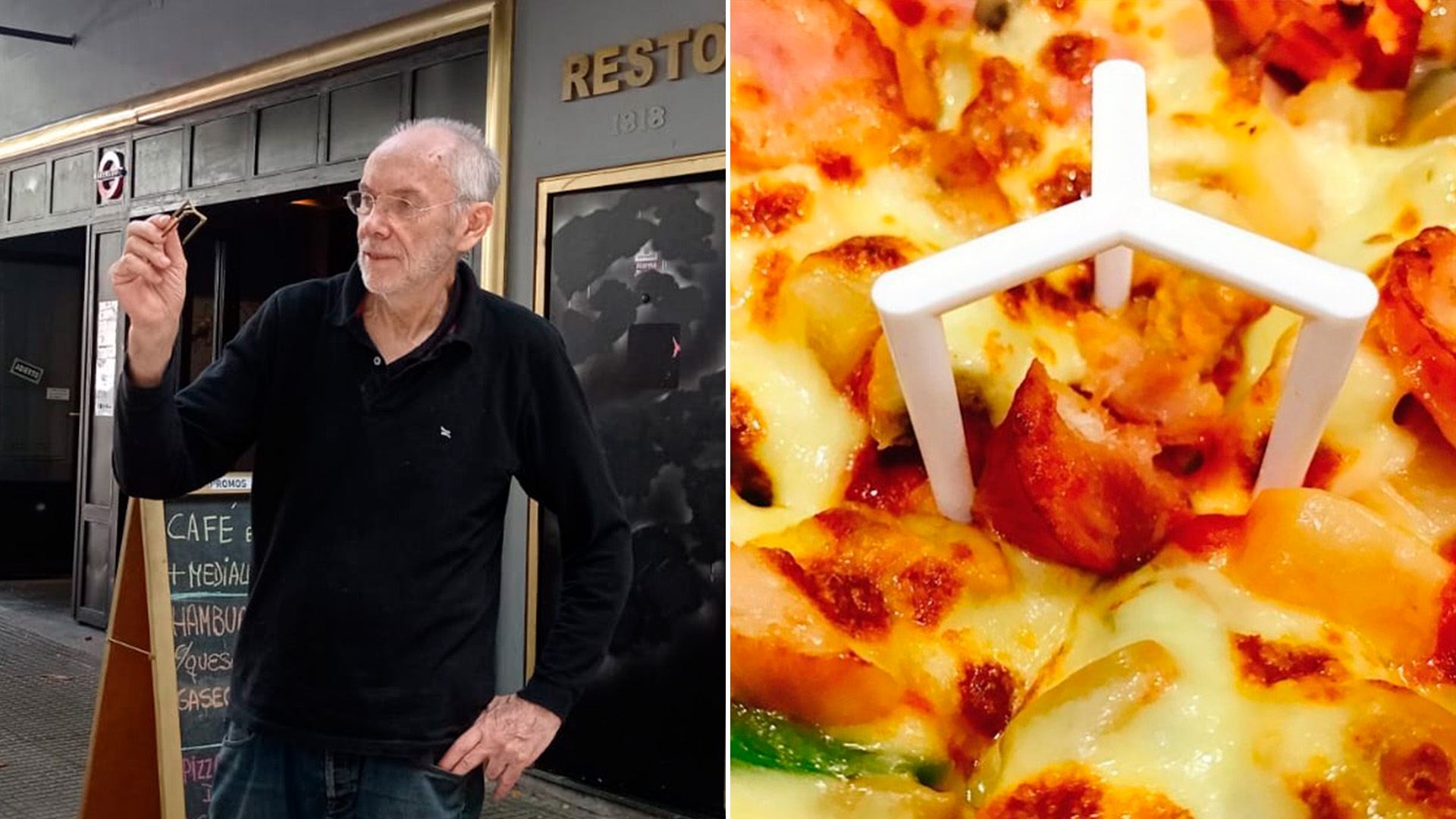 Claudio Troglia sosteniendo en su mano la primera versión del separador de pizzas, y a la derecha una reversión modernizada (Instagram: @sepitroglia)