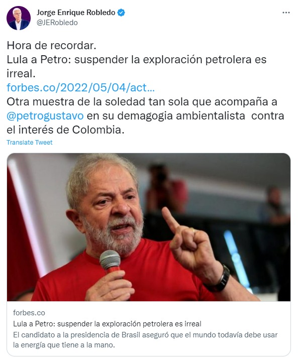 Tweet de Jorge Enrique Robledo. Foto tomada de @JERobledo