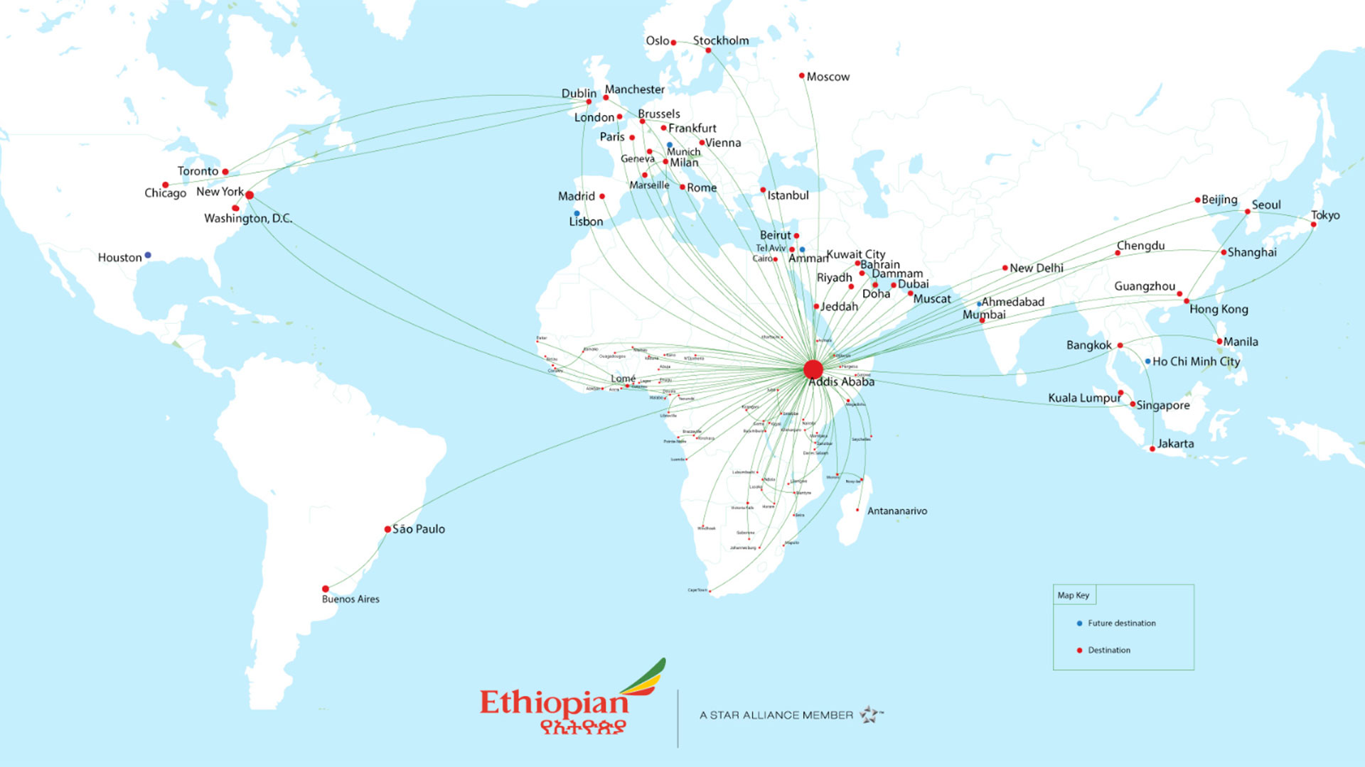 Mapa con las conexiones aéreas que mantiene Ethiopian Airlines en el mundo. (Ethiopian Airlines)