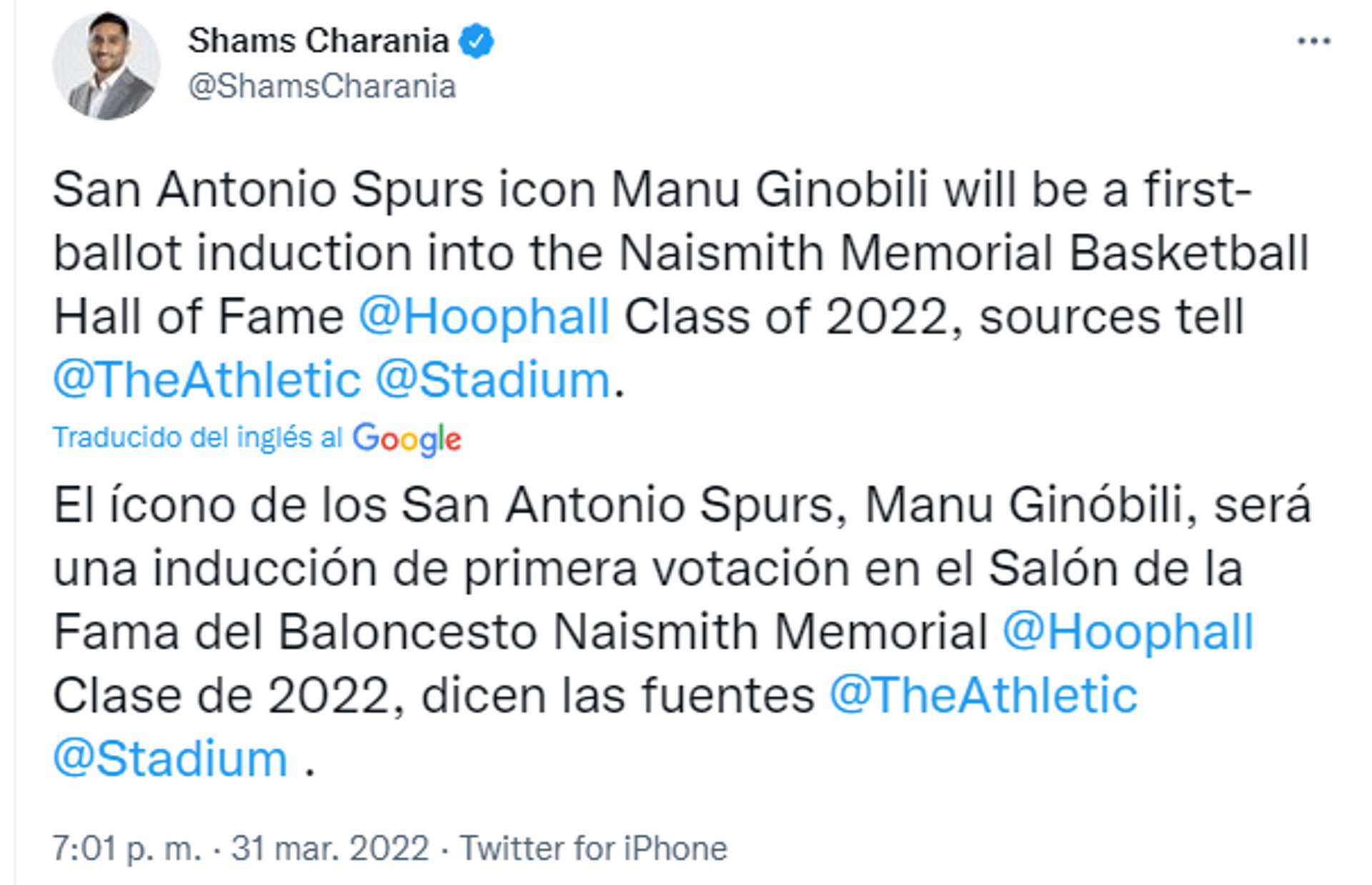 Charania, periodista estadounidense especializado en básquet, dio la noticia en su cuenta de Twitter