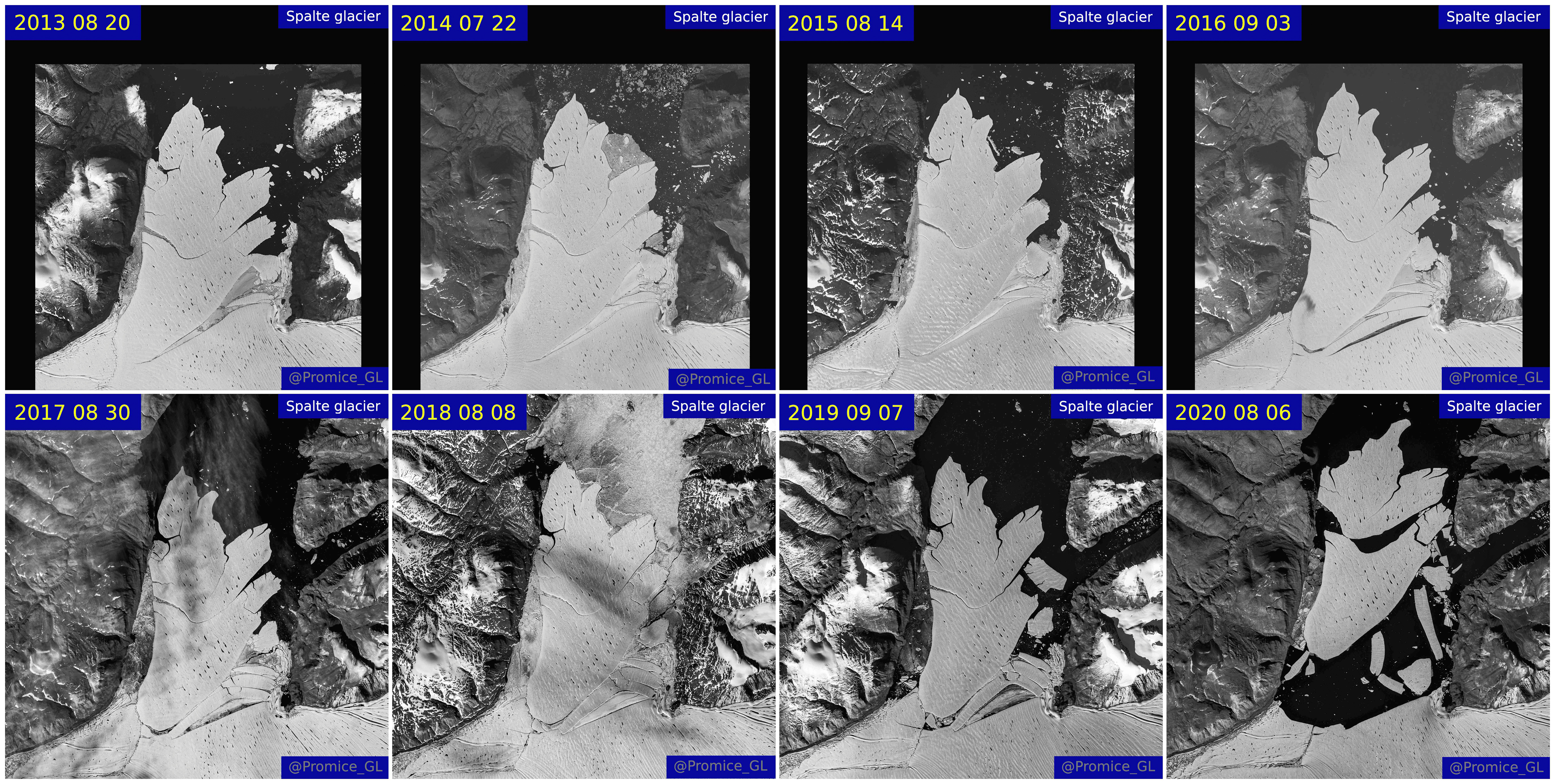 A combination picture shows satellite images of the Spalte glacier disintegration between 2013 and 2020.

Imágenes que muestran la desintegración de un glaciar como consecuencia del cambio climático. Foto EU Copernicus and GEUS/via REUTERS