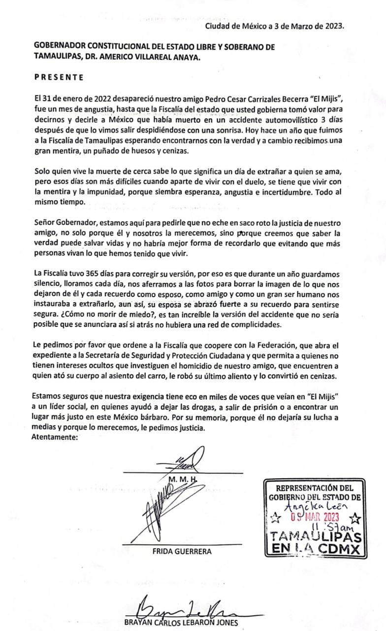 Misiva enviada a el gobernador de Tamaulipas, Américo Villareal. Foto Especial