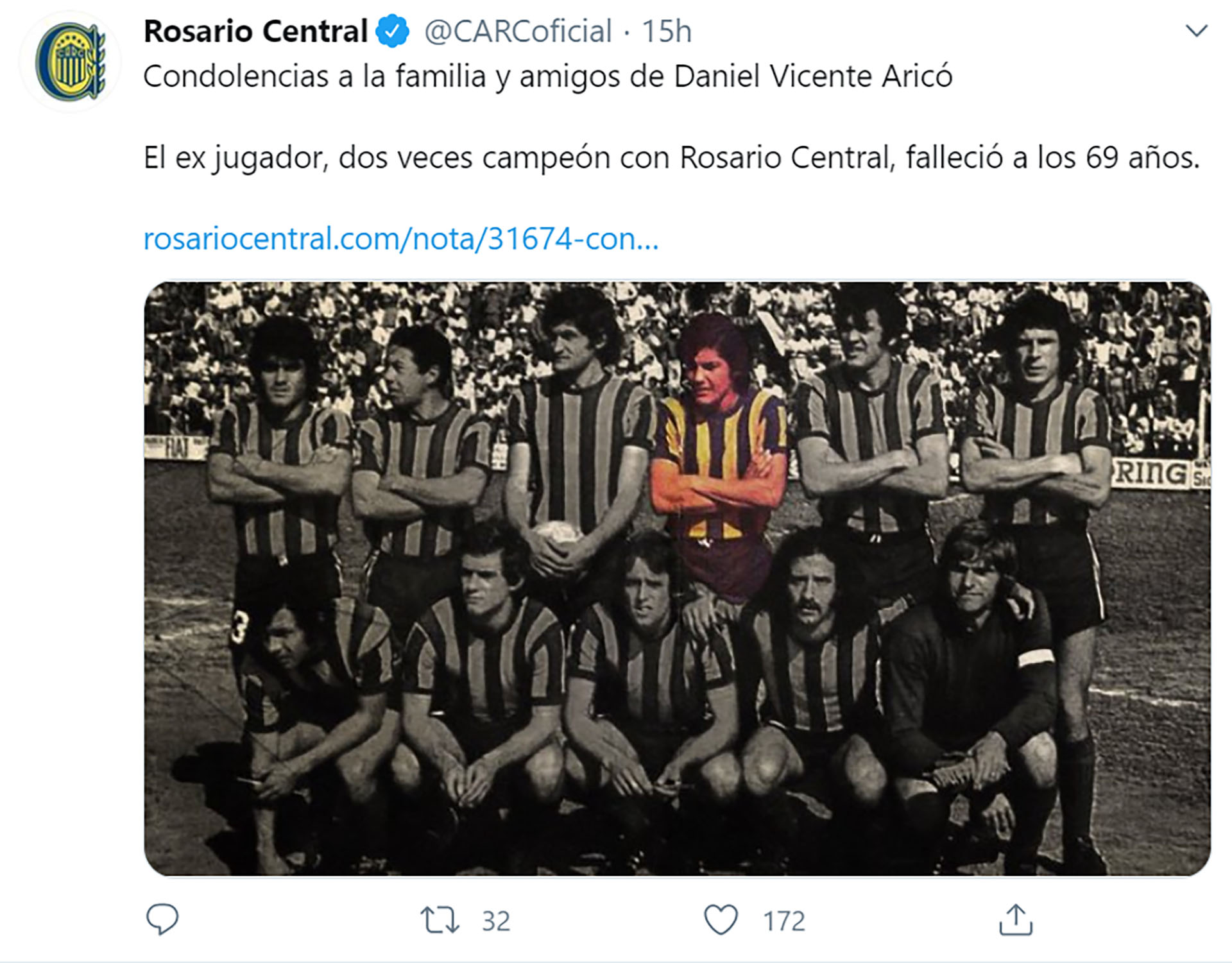 La publicación de Rosario Central tras el fallecimiento de Aricó
