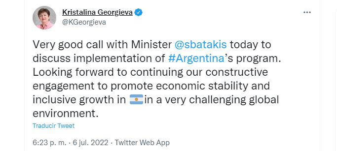 Tuit Kristalina Georgieva, directora general del FMI, tras su conversación con Silvina Batakis