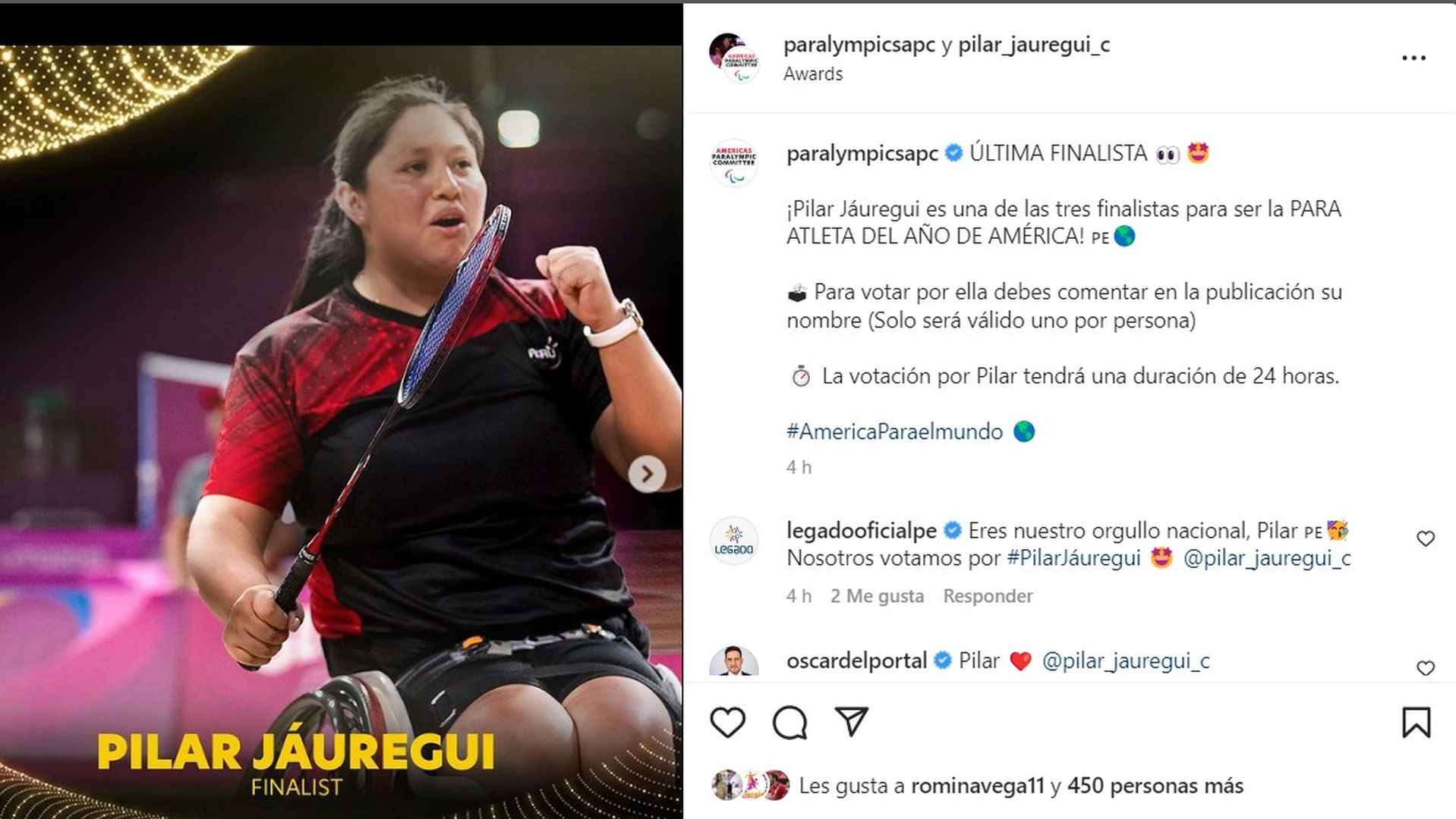 Pilar Jáuregui among the three finalists for the trophy to be the best para-athlete of the year in America.  (paralympicspc)