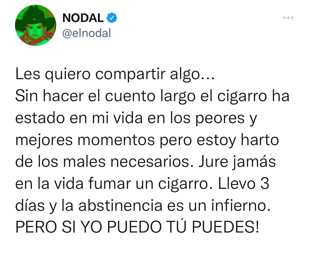 Christian Nodal bucó dejar el cigarro (Twitter: @elnodal)
