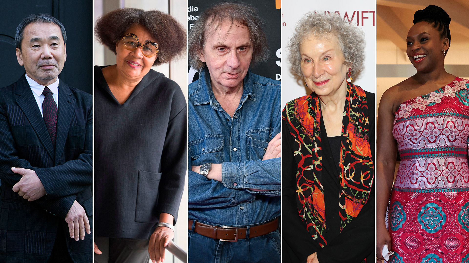 De izq a derecha: Haruki Murakami, Jamaïca Kincaid, Michel Houellebecq, Margaret Atwood y  Chimamanda Ngozi Adichie, candidatos al Nobel de Literatura de este año 