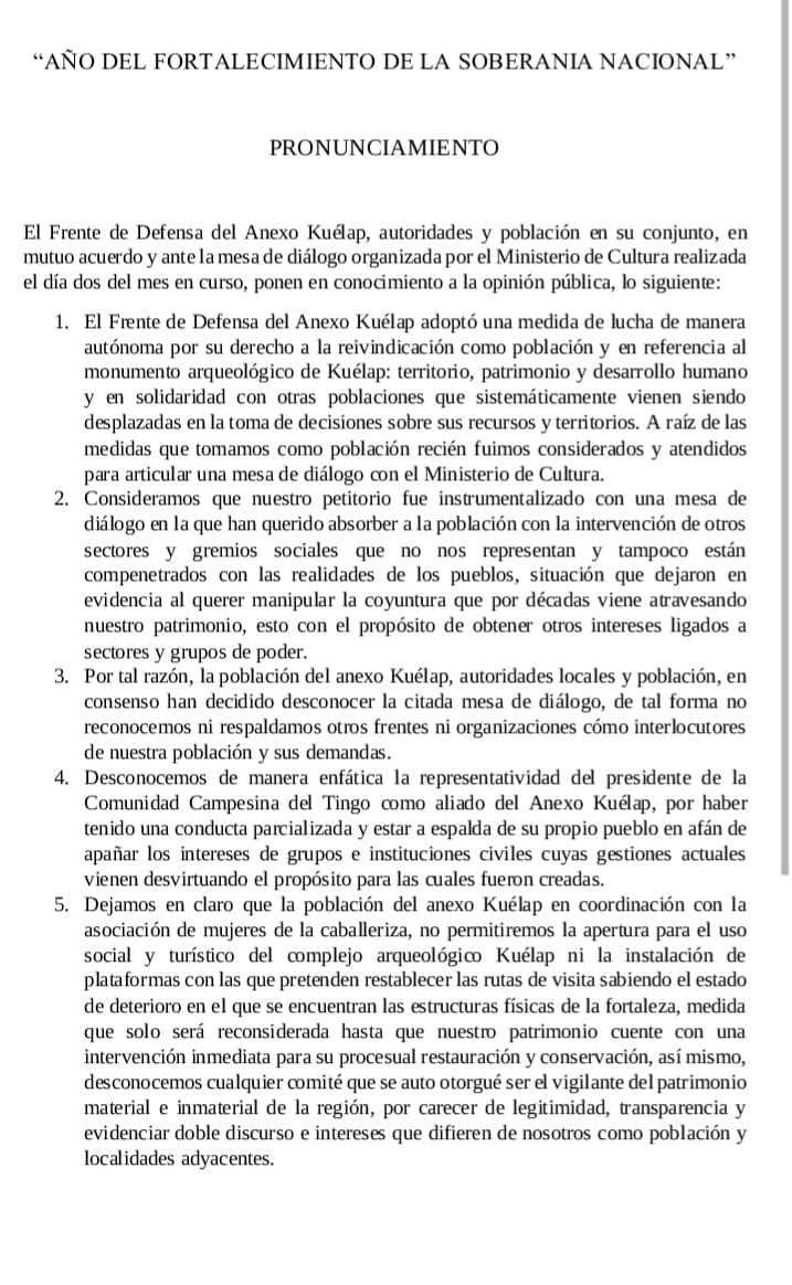 Frente de Defensa del Anexo Kuélap rechazó condiciones del Ministerio de Cultura para intervenir en el derrumbe de Kuélap.