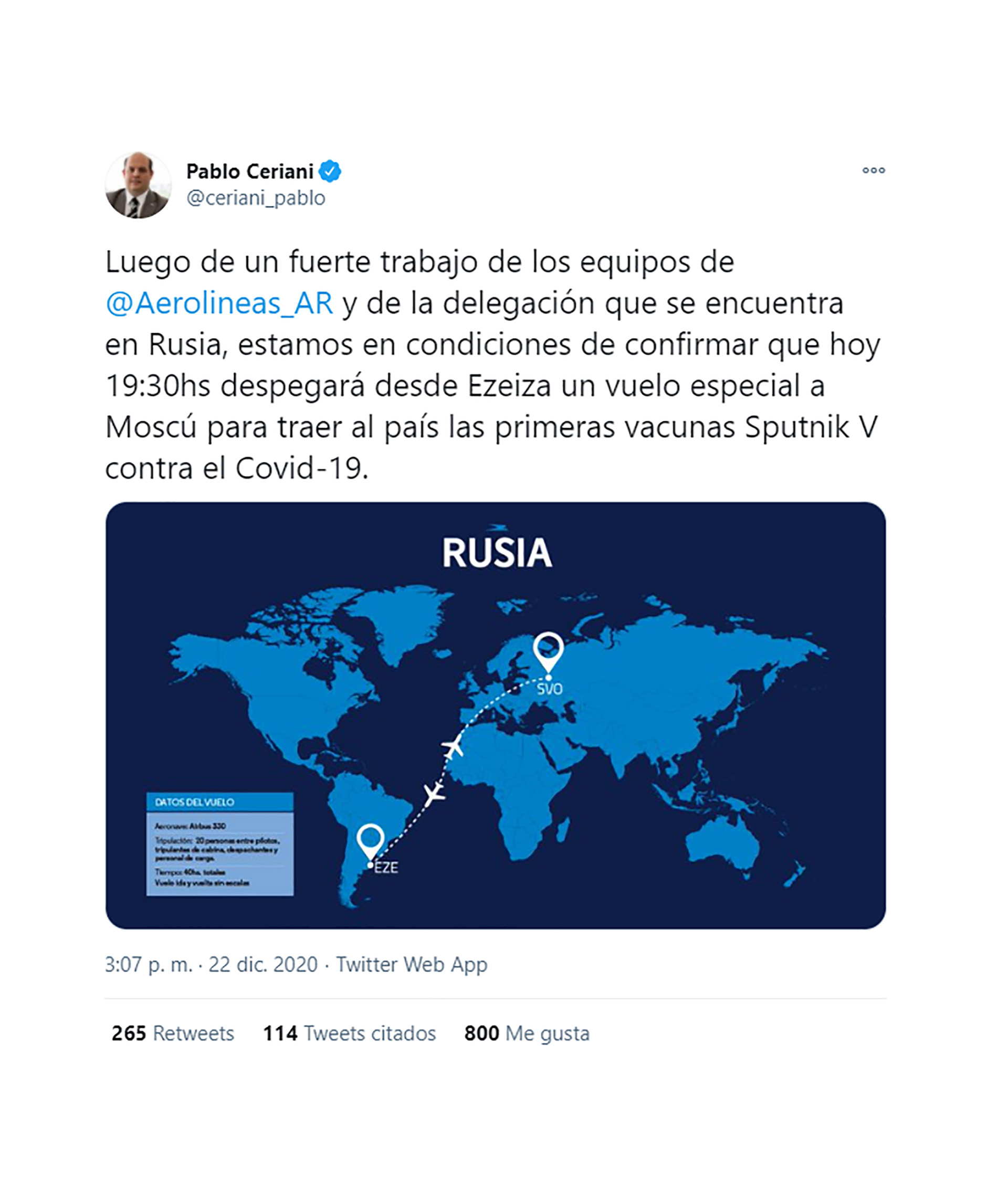 El tuit de Pablo Ceriani, titular de Aerolíneas Argentinas, anunciando en las redes sociales el viaje rumbo a Moscú para traer las vacunas rusas