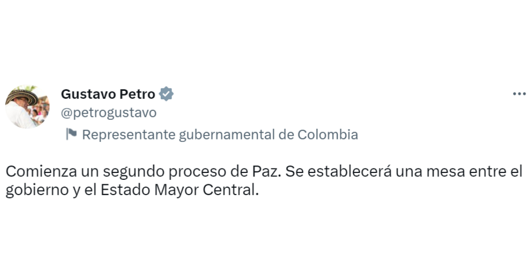 El presidente Gustavo Petro anunció que comenzará un segundo proceso de paz con los desidentes de las Farc. Crédito: @petrogustavo / Twitter