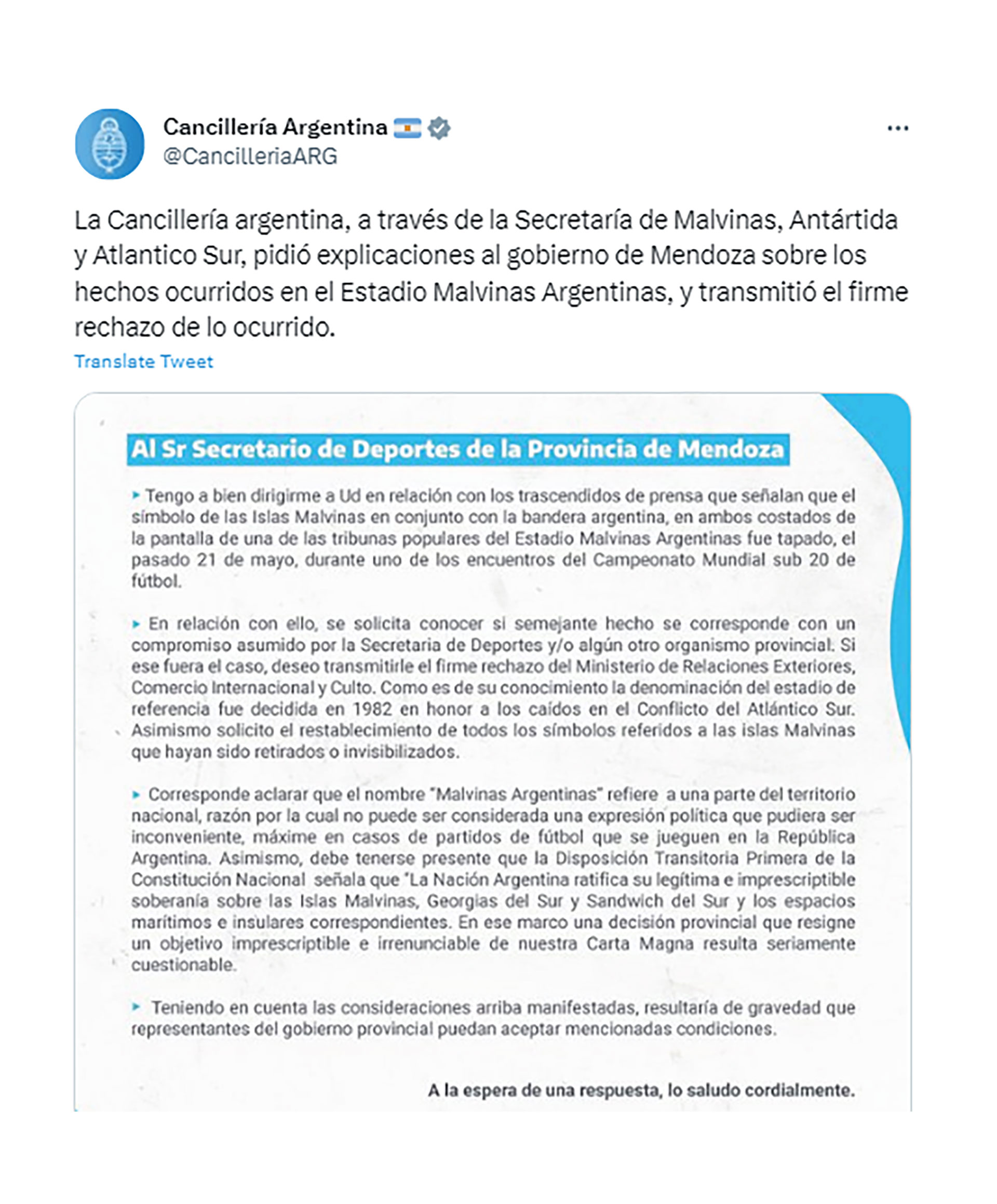 Posteo de la Cancillería Argentina y su comunicado