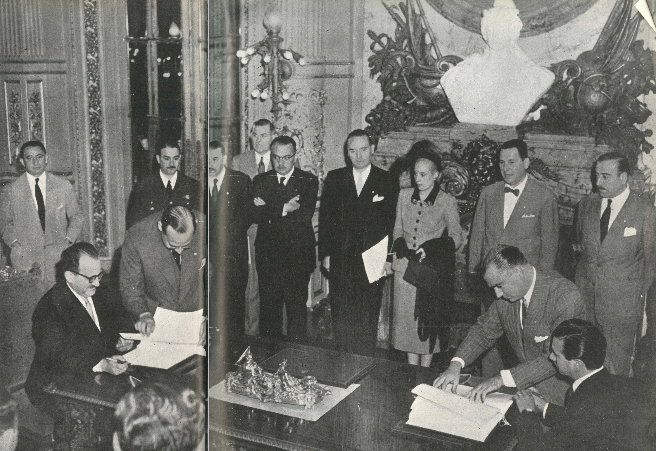 En el marco del Salón Blanco de la Casa Rosada y con la presencia de Juan Domingo Perón y su esposa, Eva, el ministro plenipotenciario de Israel, Jacob Tsur, firma el primer convenio de intercambio comercial entre ambos países.