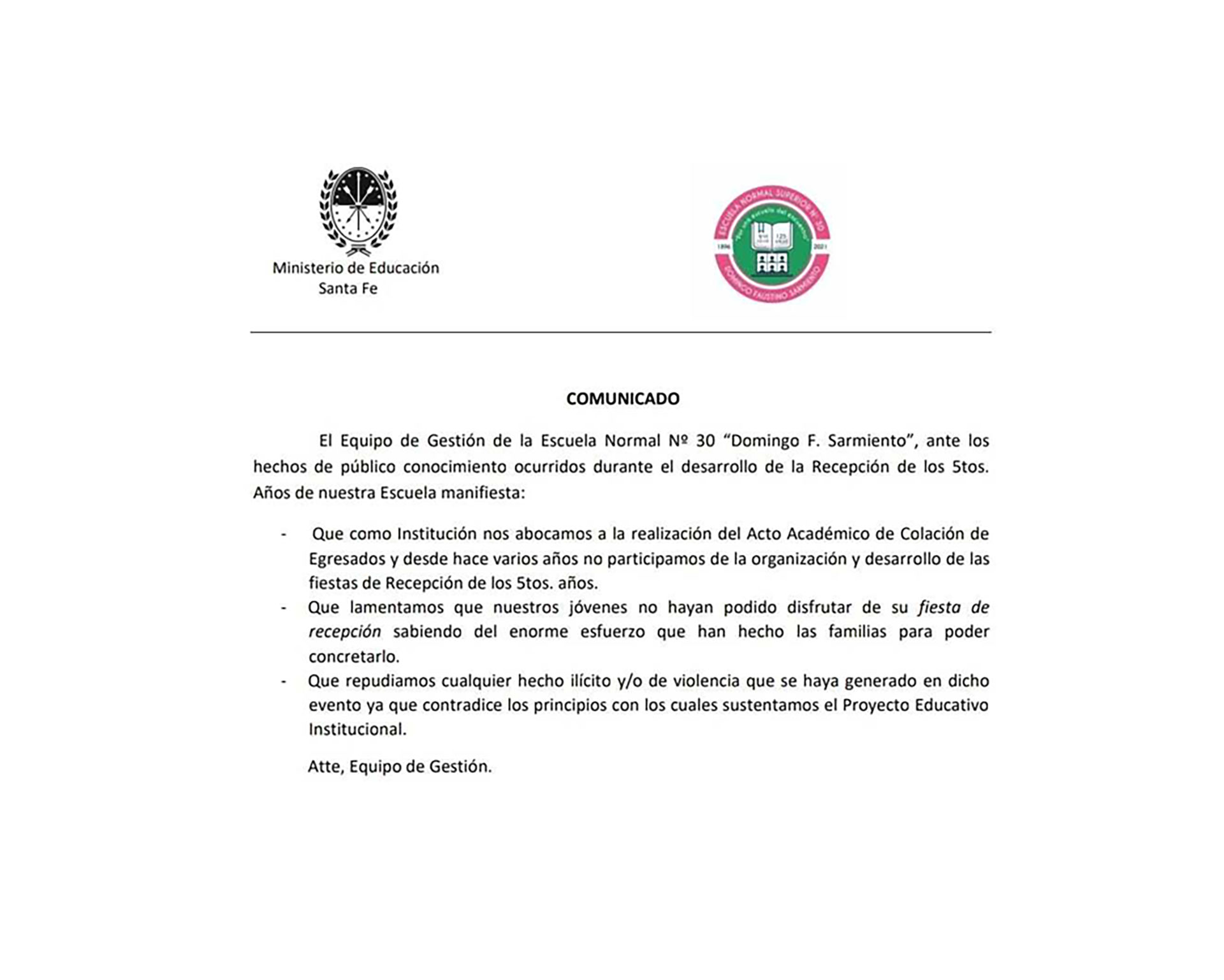 El comunicado de la Escuela Normal N°30 de Esperanza. 