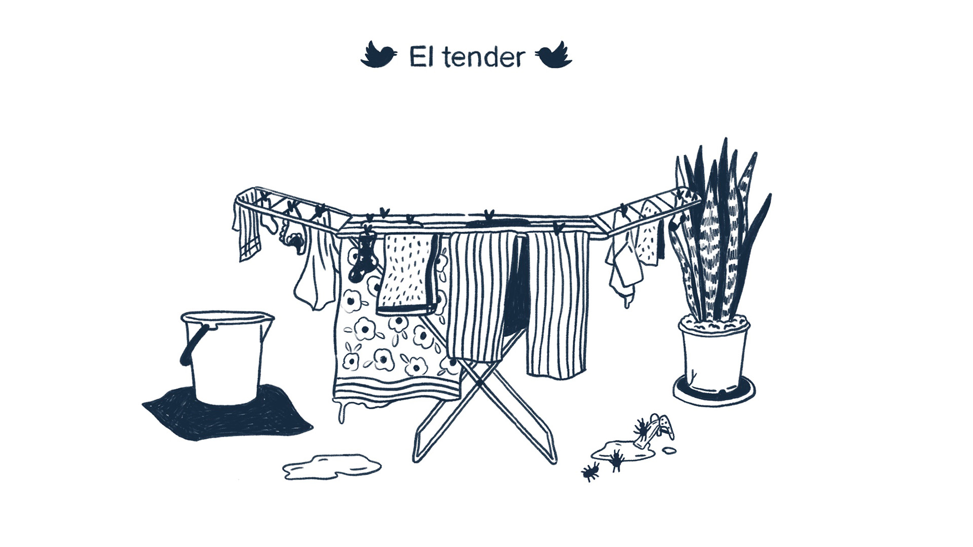 Uno de todos los tweets que Esteban Menis curó para que llegaran al fanzine: el tender chorreando en medio de la casa. La ilustradora Flo Meije fue la encargada de poner el hilo en imágenes.