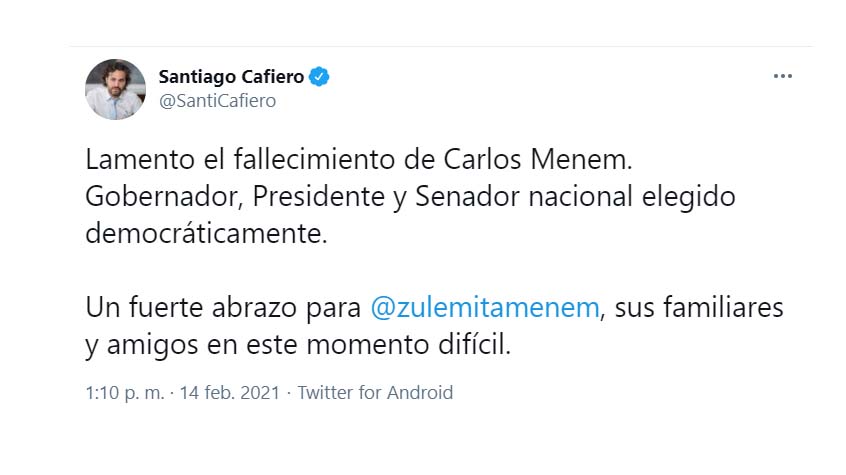 "Elegido democráticamente", destacó Santiago Cafiero