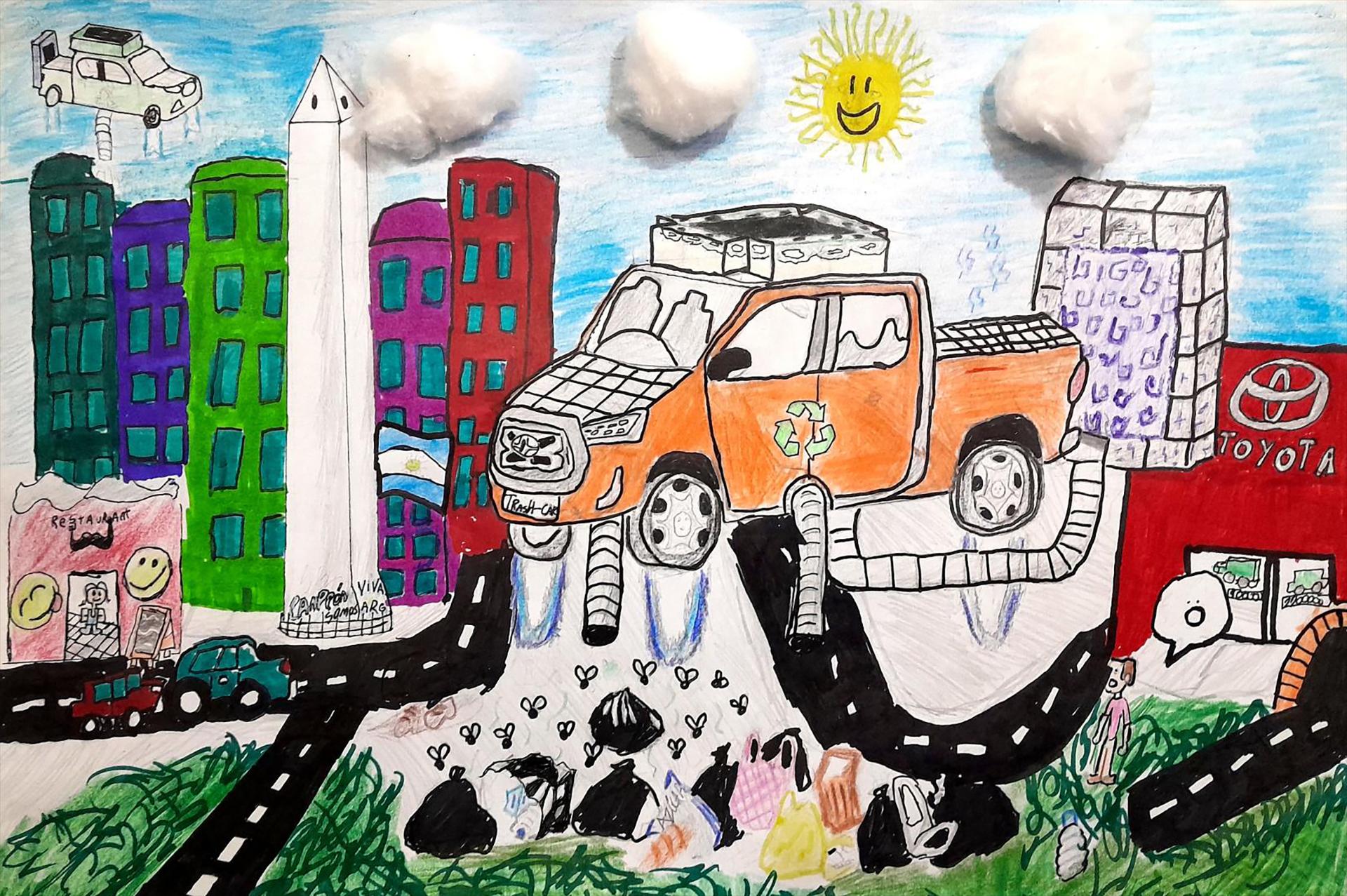 "Mine Trash - Car" es una pickup Toyota que va limpiando la ciudad de los desperdicios y la contaminación. Fue el ganador de la categoría de chicos de entre 8 y 11 años