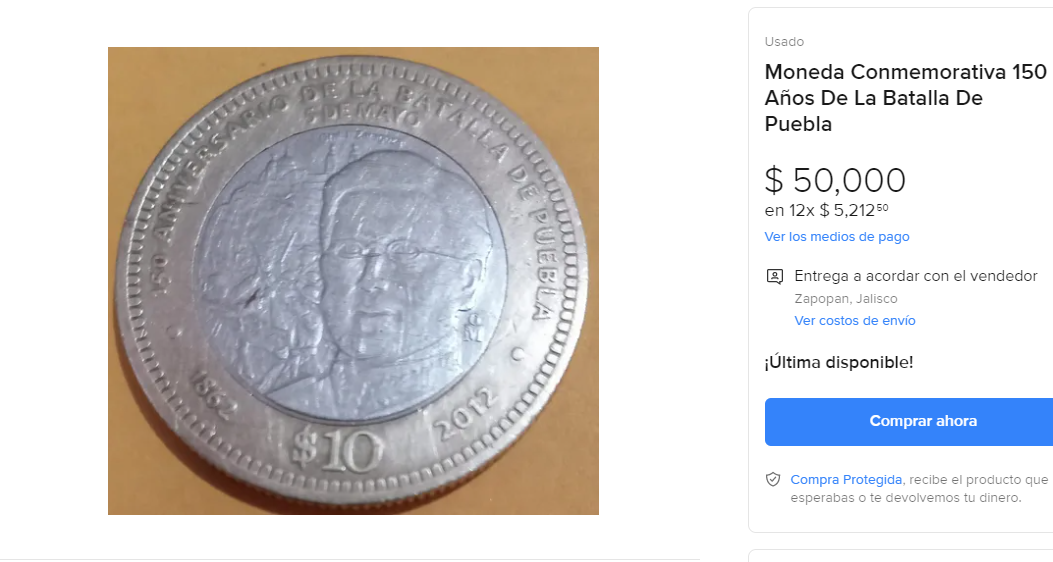 Moneda 10 pesos Batalla de Puebla. (Mercado Libre)