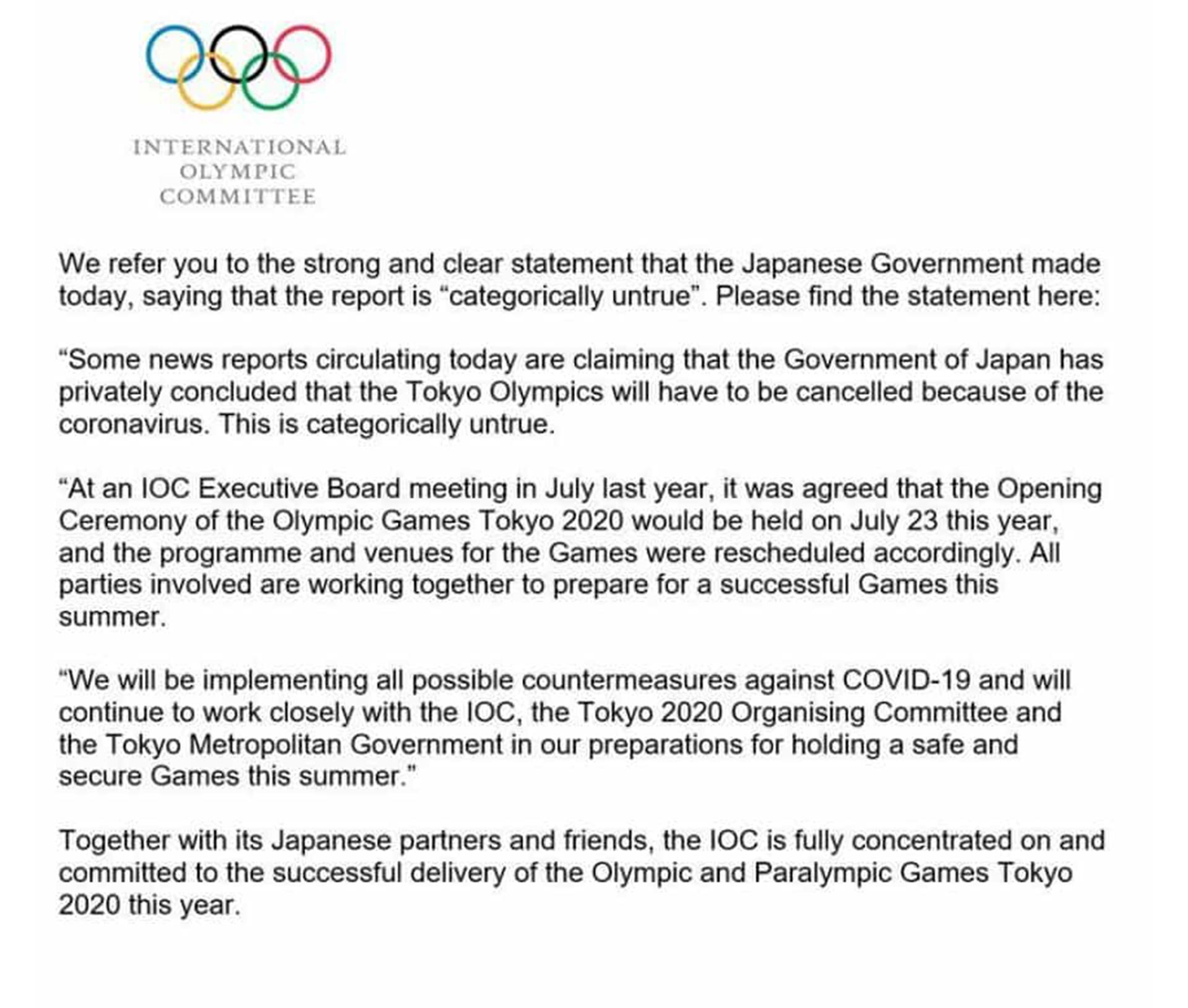El comunicado del Comité Olímpico Internacional
